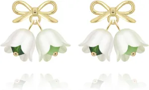 Elegant Lily of the Valley White Bell Tulip Flower Green Bow Floral Stud Earrings for Women Jewelry