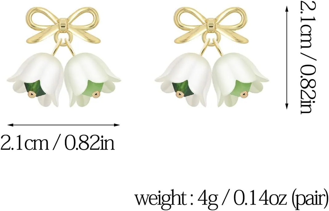 Elegant Lily of the Valley White Bell Tulip Flower Green Bow Floral Stud Earrings for Women Jewelry