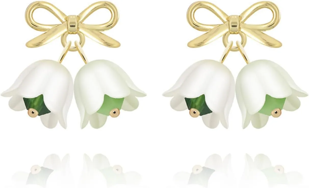 Elegant Lily of the Valley White Bell Tulip Flower Green Bow Floral Stud Earrings for Women Jewelry
