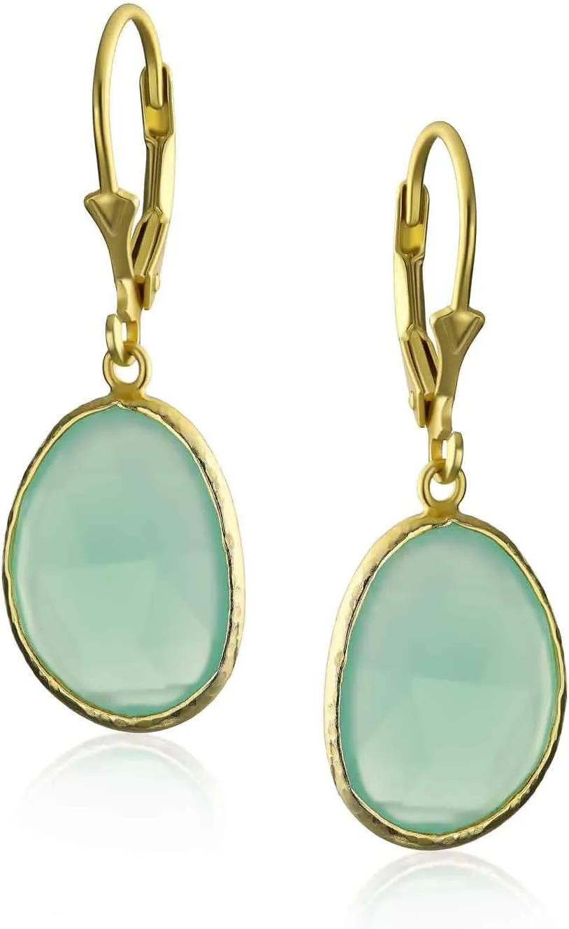 Elegant Oval Faceted Pastel Stone Dangle Bezel Set: Lever Back Earrings & Necklace - Pink, Aqua, Mint Green Simulated Chalcedony, 14K Gold-Plated .925 Sterling Silver