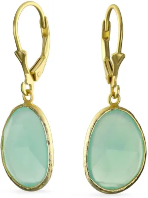 Elegant Oval Faceted Pastel Stone Dangle Bezel Set: Lever Back Earrings & Necklace - Pink, Aqua, Mint Green Simulated Chalcedony, 14K Gold-Plated .925 Sterling Silver