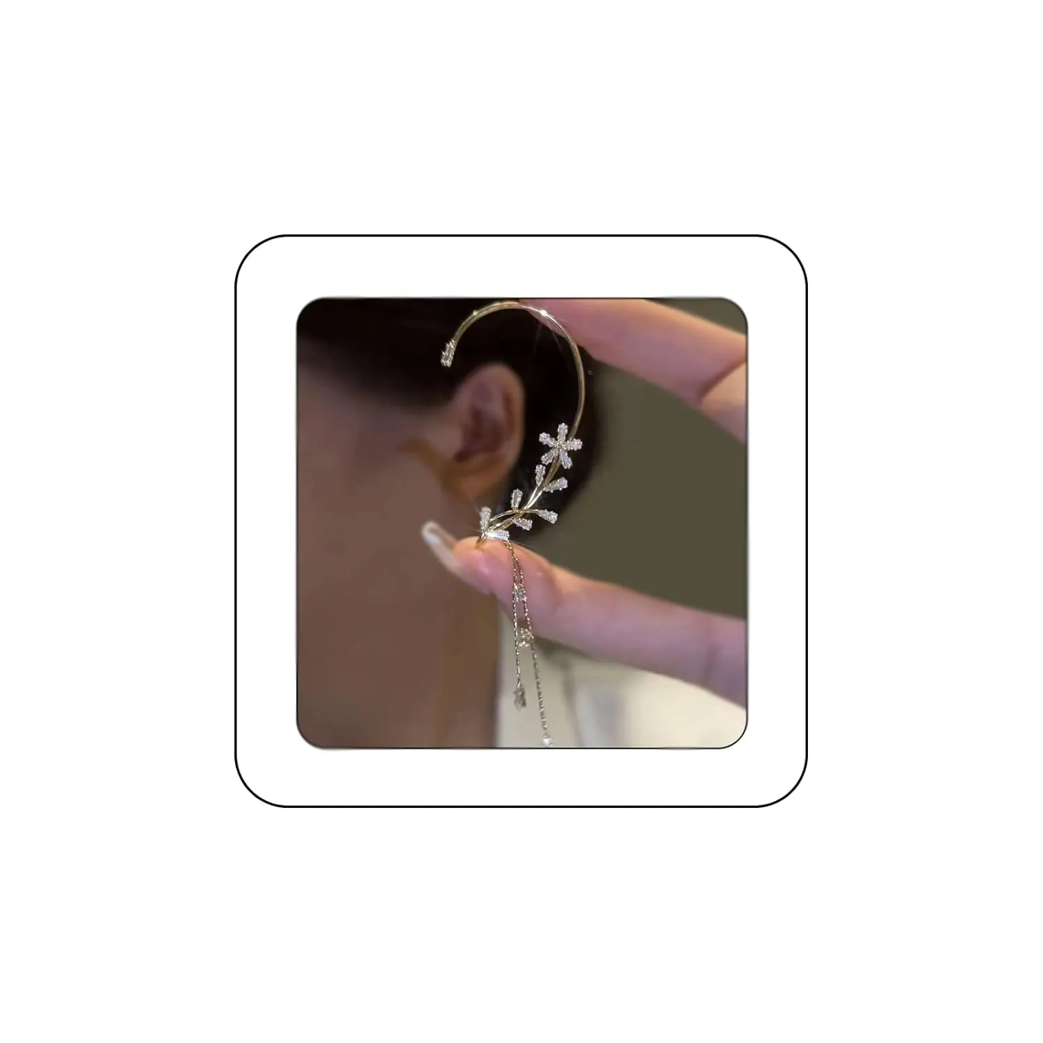 Elegant Rhinestone Butterfly Flower Tassel Ear Cuffs Fairy Wheat Wing Ear Wrap Non-pierced Wedding Bridal Clip on Earrings Costume Accessories for Women (Gold crystal tassel)