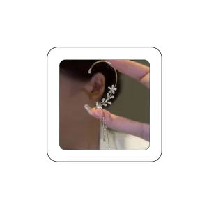 Elegant Rhinestone Butterfly Flower Tassel Ear Cuffs Fairy Wheat Wing Ear Wrap Non-pierced Wedding Bridal Clip on Earrings Costume Accessories for Women (Gold crystal tassel)