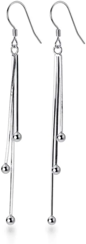 Elegant Snake Chain Minimalist Tiny Beaded Ball Threader Tassel Dangle Drop Earrings for Women Teen Girls S925 Sterling Silver Fashion Lightweight Dangling Hook Hanging Gifts for Best Friend Birthday