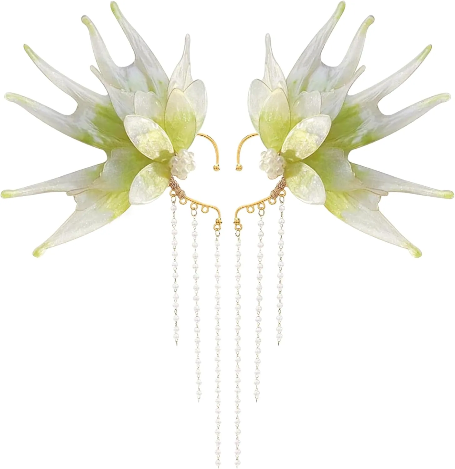 Elf Ears for Women 1 Pair Mystic Fairy Ears with Pearl Beads Elegant Mermaid Free Size Ear Cuffs Non Piercing for Halloween Cosplay Costume