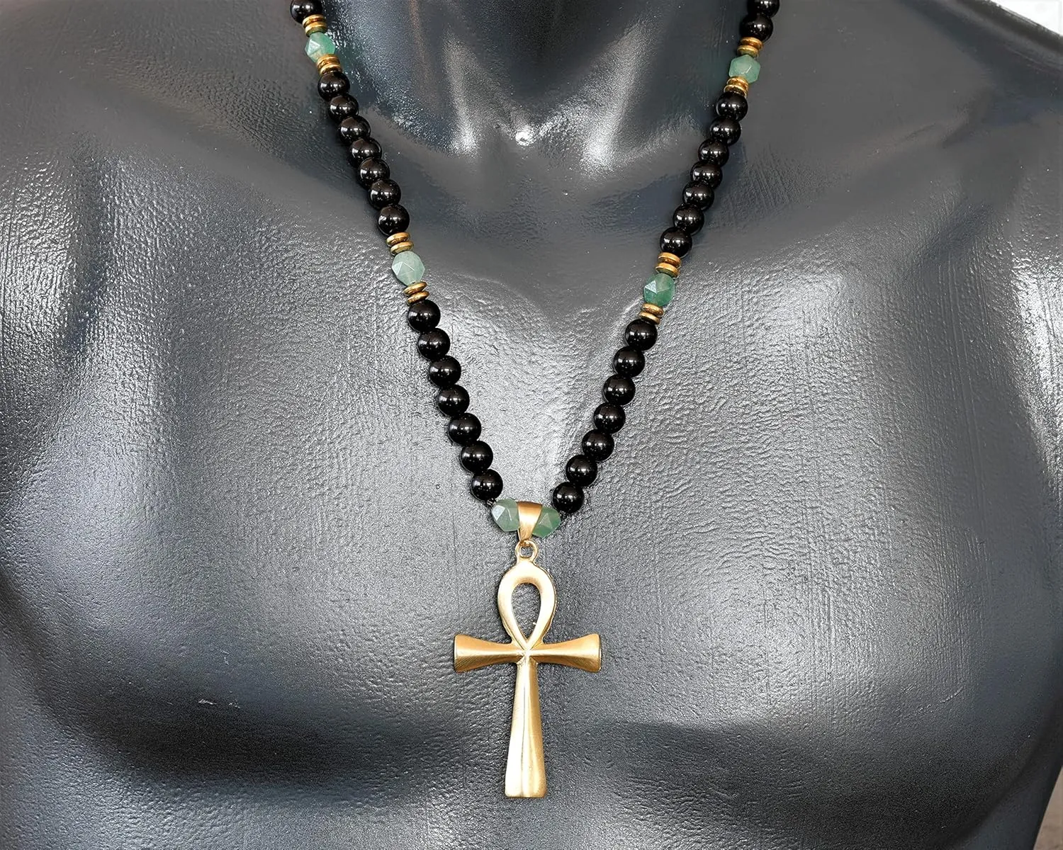 ElisaJewelryArt - Unique Ankh Cross Pendant Green Aventurine Beaded Necklace Genuine Gemstone Healing Stone Clasp Closure Egyptian Unisex Necklace (22, Green Aventurine)