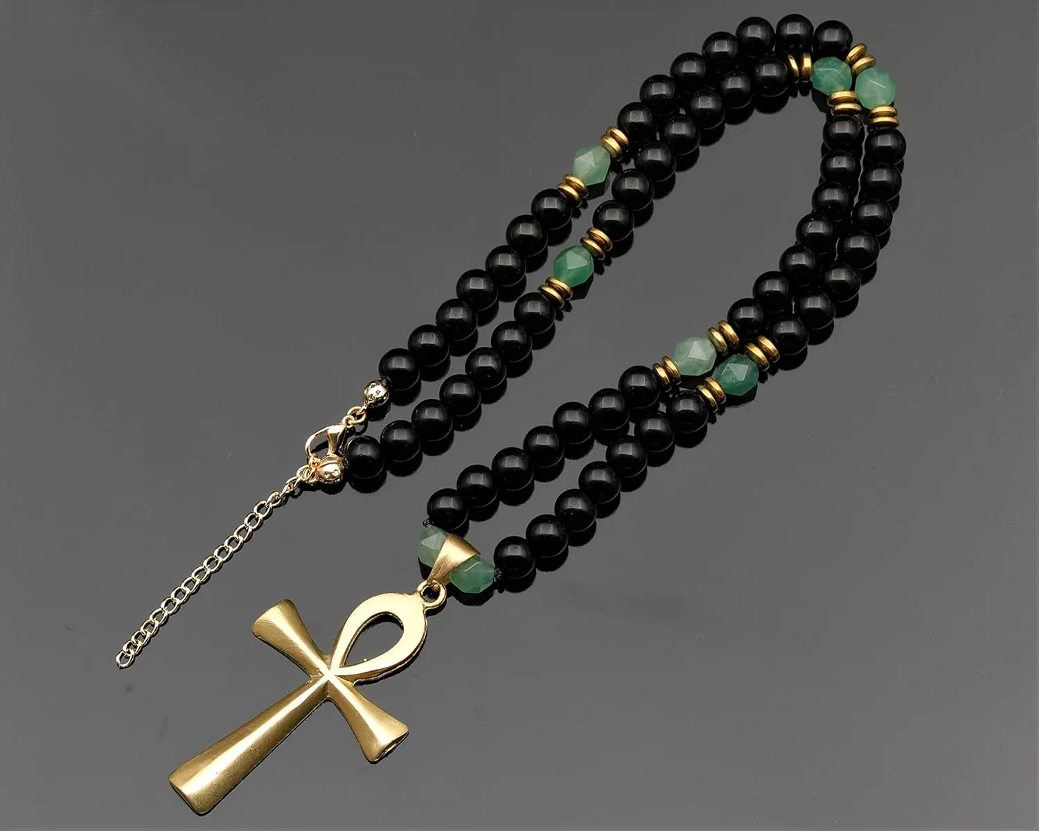 ElisaJewelryArt - Unique Ankh Cross Pendant Green Aventurine Beaded Necklace Genuine Gemstone Healing Stone Clasp Closure Egyptian Unisex Necklace (22, Green Aventurine)
