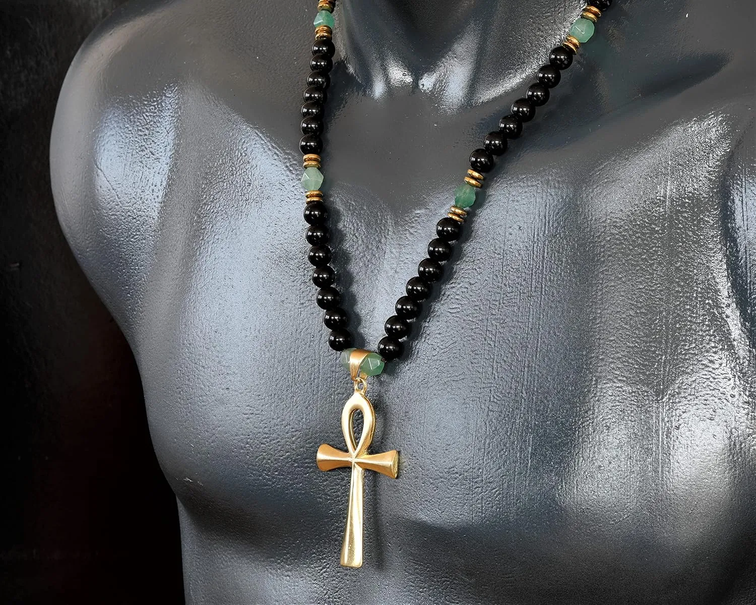 ElisaJewelryArt - Unique Ankh Cross Pendant Green Aventurine Beaded Necklace Genuine Gemstone Healing Stone Clasp Closure Egyptian Unisex Necklace (22, Green Aventurine)