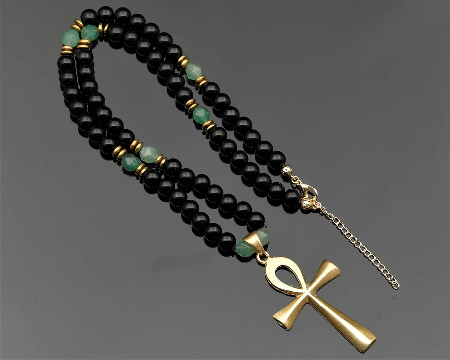 ElisaJewelryArt - Unique Ankh Cross Pendant Green Aventurine Beaded Necklace Genuine Gemstone Healing Stone Clasp Closure Egyptian Unisex Necklace (22, Green Aventurine)