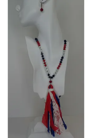 Emma Red, White And Blue Crystal Necklace Set With Tassel