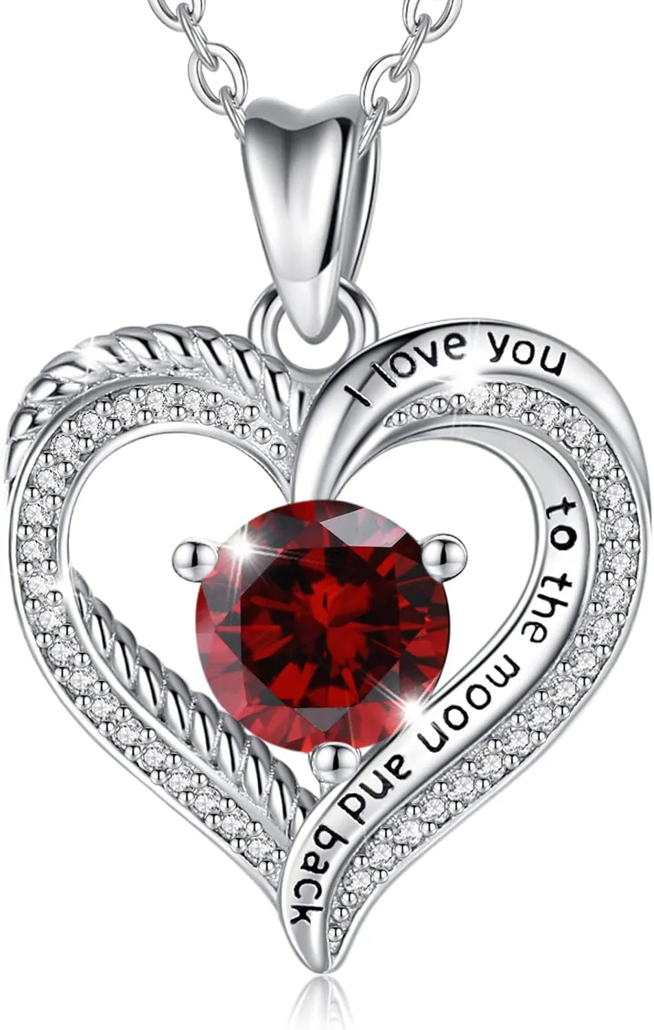 EUDORA January Birthstone Necklace for Women Mothers, 925 Sterling Silver Ruby Necklaces Heart Pendant I Love You Jewelry, Anniversary Birthday Gift for Her Wife Mom Daughter Grandma Sisters