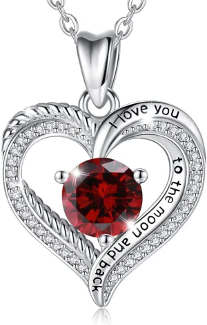 EUDORA January Birthstone Necklace for Women Mothers, 925 Sterling Silver Ruby Necklaces Heart Pendant I Love You Jewelry, Anniversary Birthday Gift for Her Wife Mom Daughter Grandma Sisters