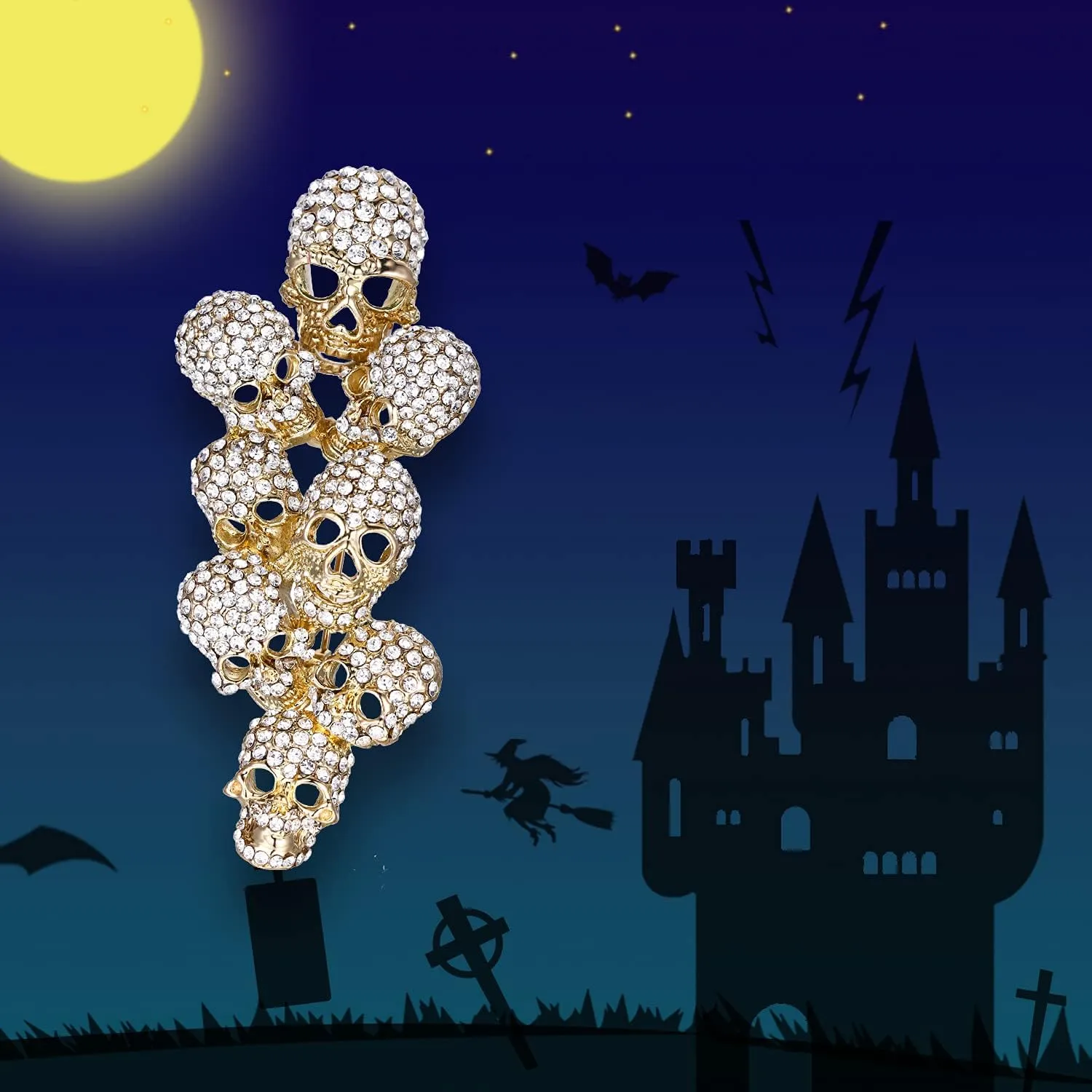 EVER FAITH Austrian Crystal Halloween Gorgeous 8 Skeleton Head Cluster Brooch