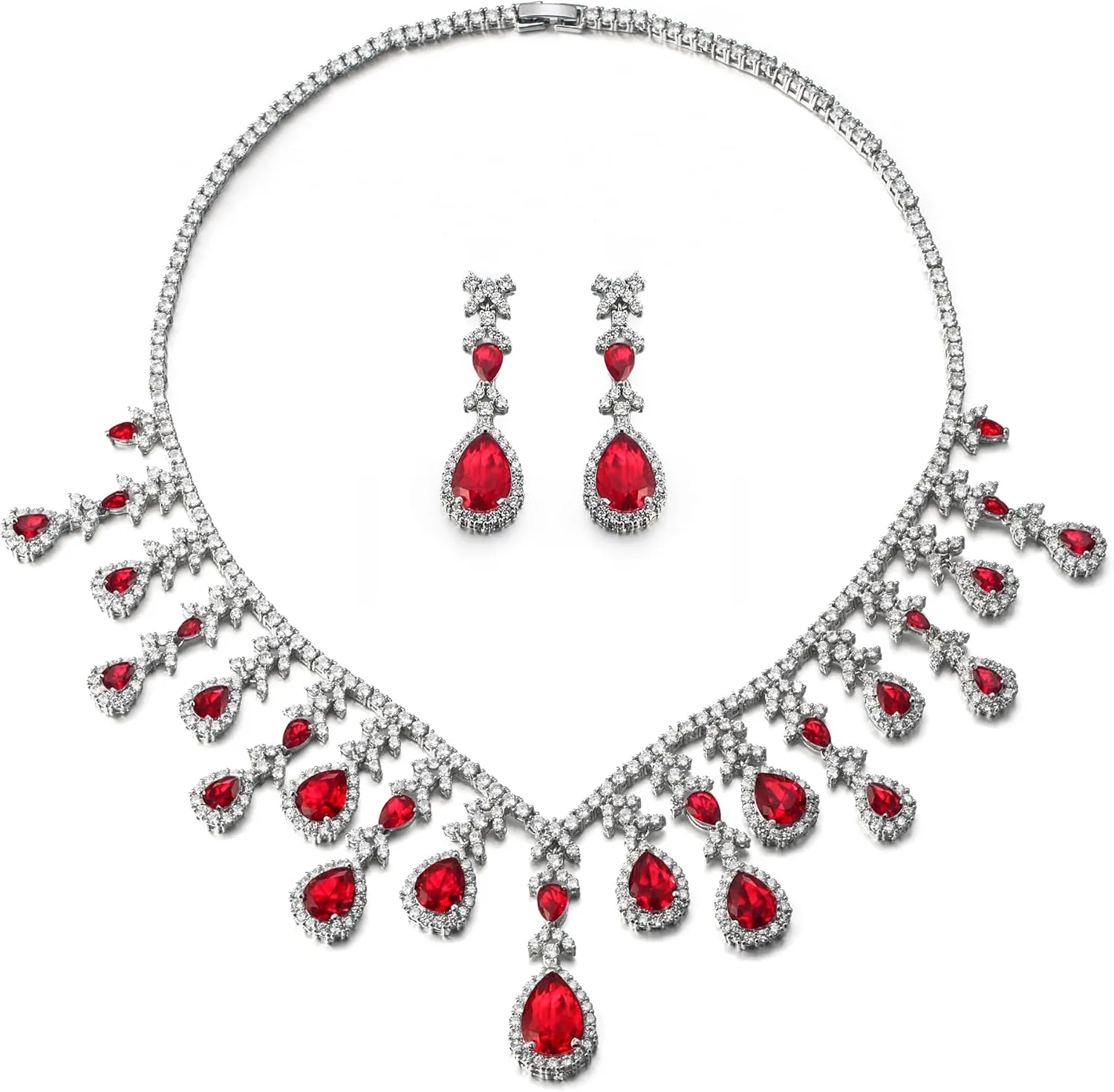 EVER FAITH Bridal Jewelry Set for Bride Bridesmaid, Elegant Cubic Zirconia Birthstone Teardrop Wedding Party Necklace Dangle Earrings Sets for Women