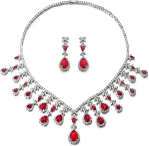 EVER FAITH Bridal Jewelry Set for Bride Bridesmaid, Elegant Cubic Zirconia Birthstone Teardrop Wedding Party Necklace Dangle Earrings Sets for Women