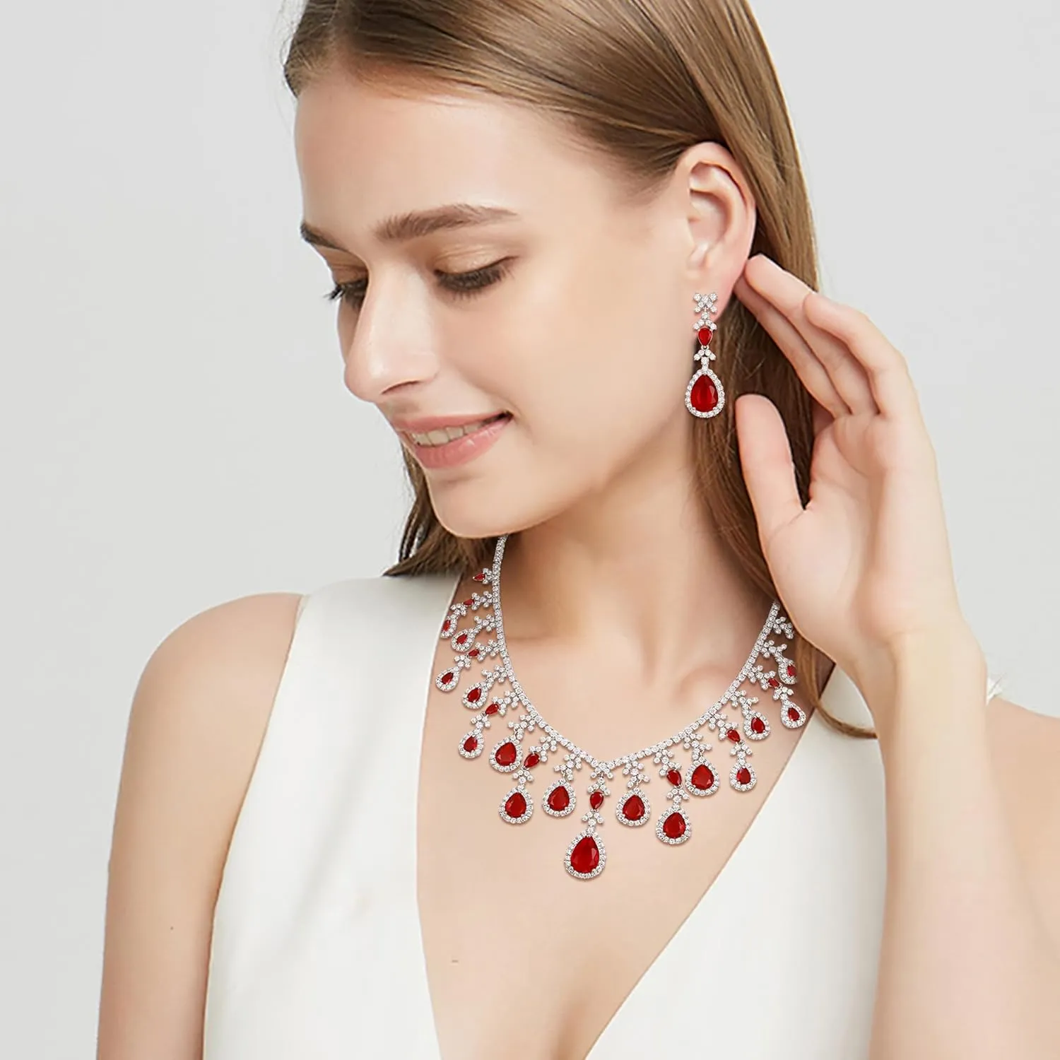 EVER FAITH Bridal Jewelry Set for Bride Bridesmaid, Elegant Cubic Zirconia Birthstone Teardrop Wedding Party Necklace Dangle Earrings Sets for Women