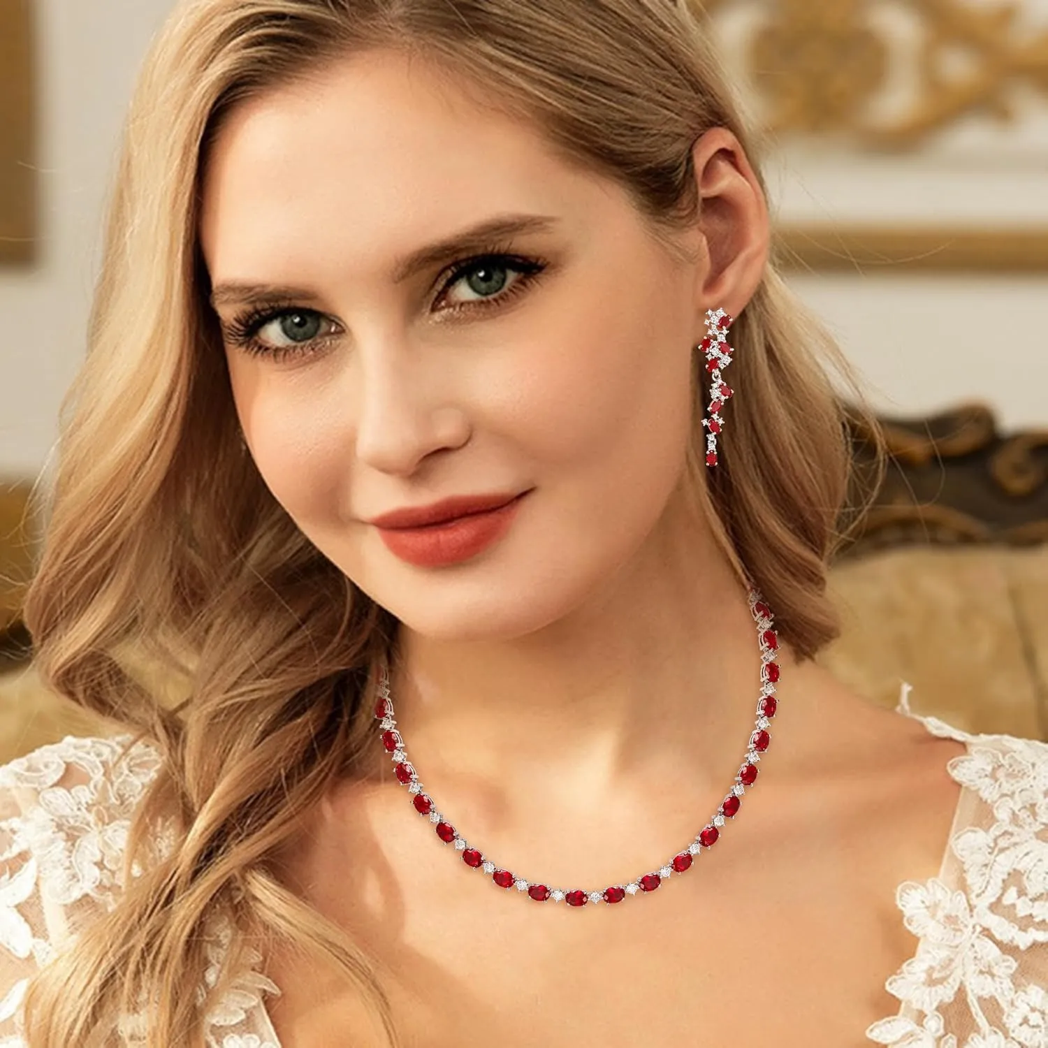 EVER FAITH Bridal Jewelry Set Oval Shaped Birthstone Cubic Zirconia Elegant Wedding Party Necklace Dangle Earrings Sets Birthday/Mother's Day/Christmas Jewellry Gift for Women