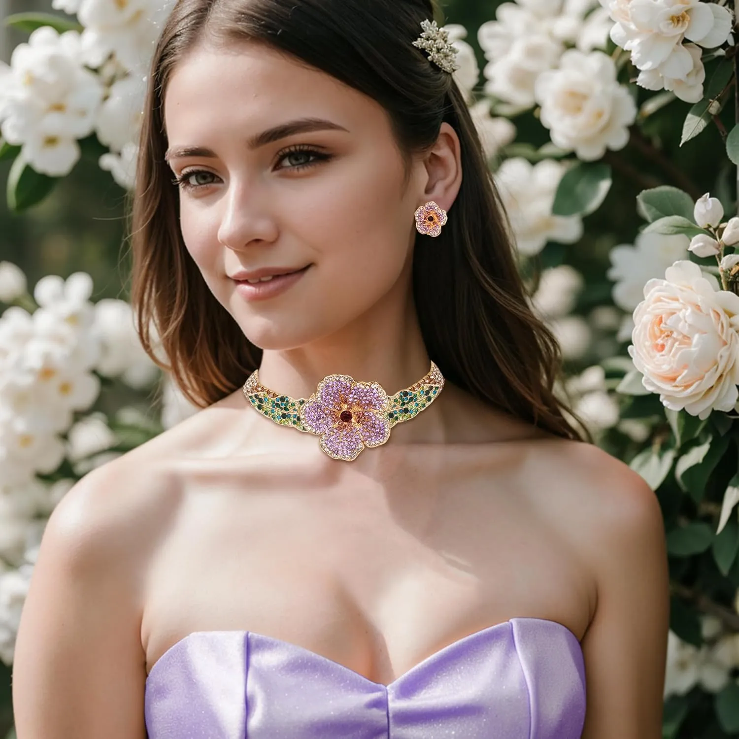 EVER FAITH Crystal Flower Collar Necklace, Gold Plated Layered Tennis Chain Spring Blooming Rose Statement Choker Necklaces Stud Earrings Boho Party Prom Jewelry Accessories for Women