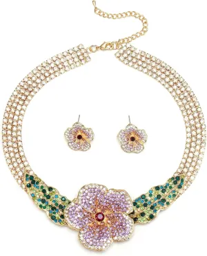 EVER FAITH Crystal Flower Collar Necklace, Gold Plated Layered Tennis Chain Spring Blooming Rose Statement Choker Necklaces Stud Earrings Boho Party Prom Jewelry Accessories for Women