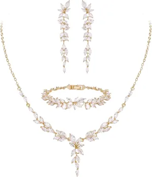 EVER FAITH Cubic Zirconia Bridal Jewelry Set for Bride Bridesmaid, Elegant Marquise Leaf Flower Wedding Prom Necklace Dangle Earrings Bracelet Sets for Women