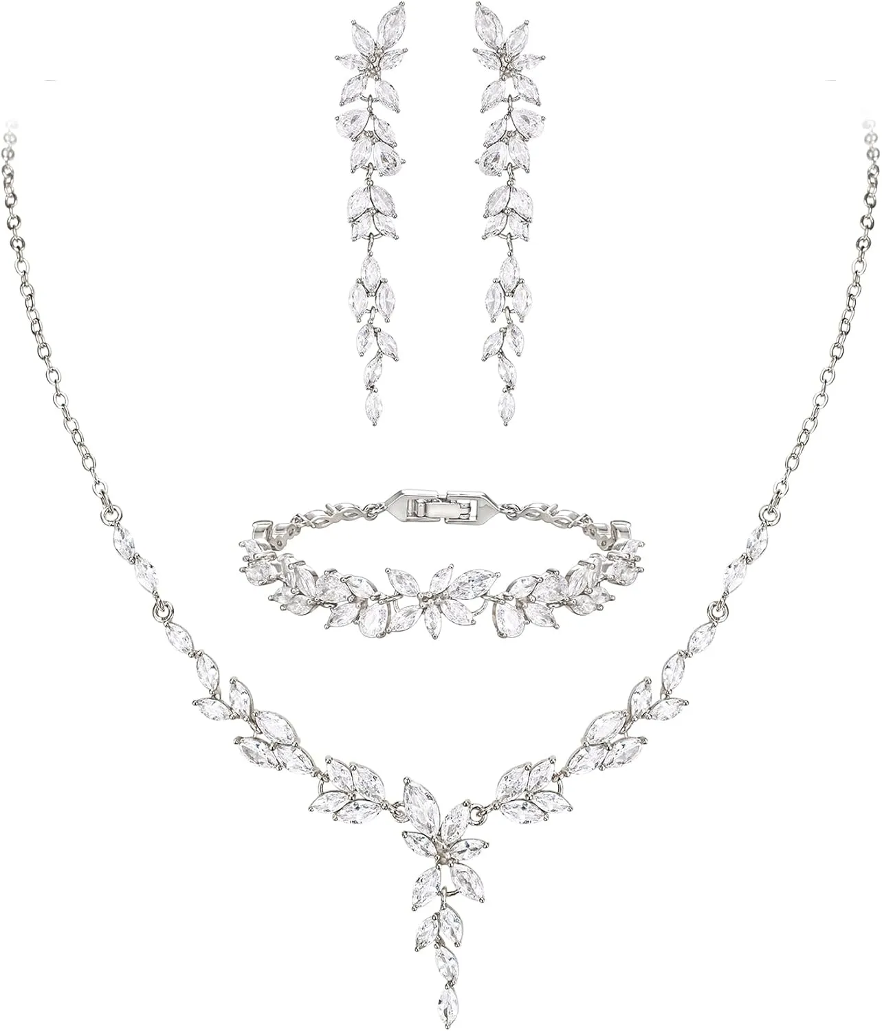 EVER FAITH Cubic Zirconia Bridal Jewelry Set for Bride Bridesmaid, Elegant Marquise Leaf Flower Wedding Prom Necklace Dangle Earrings Bracelet Sets for Women