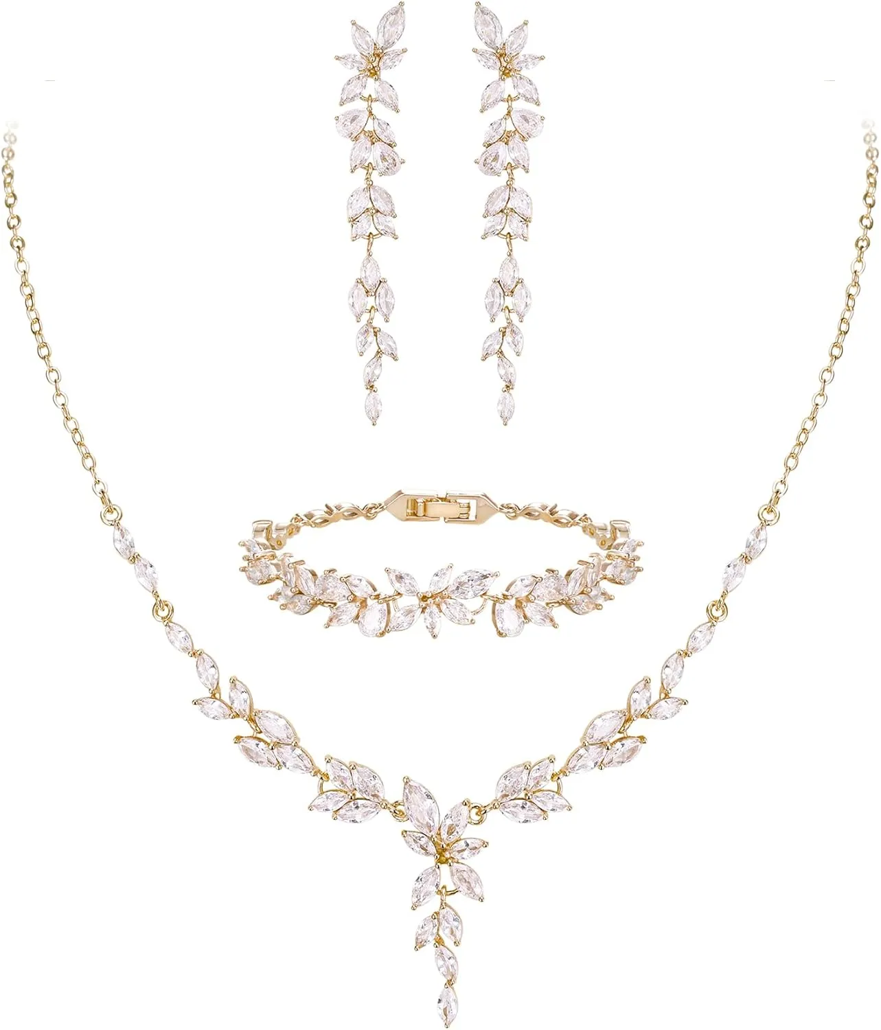 EVER FAITH Cubic Zirconia Bridal Jewelry Set for Bride Bridesmaid, Elegant Marquise Leaf Flower Wedding Prom Necklace Dangle Earrings Bracelet Sets for Women