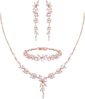 EVER FAITH Cubic Zirconia Bridal Jewelry Set for Bride Bridesmaid, Elegant Marquise Leaf Flower Wedding Prom Necklace Dangle Earrings Bracelet Sets for Women