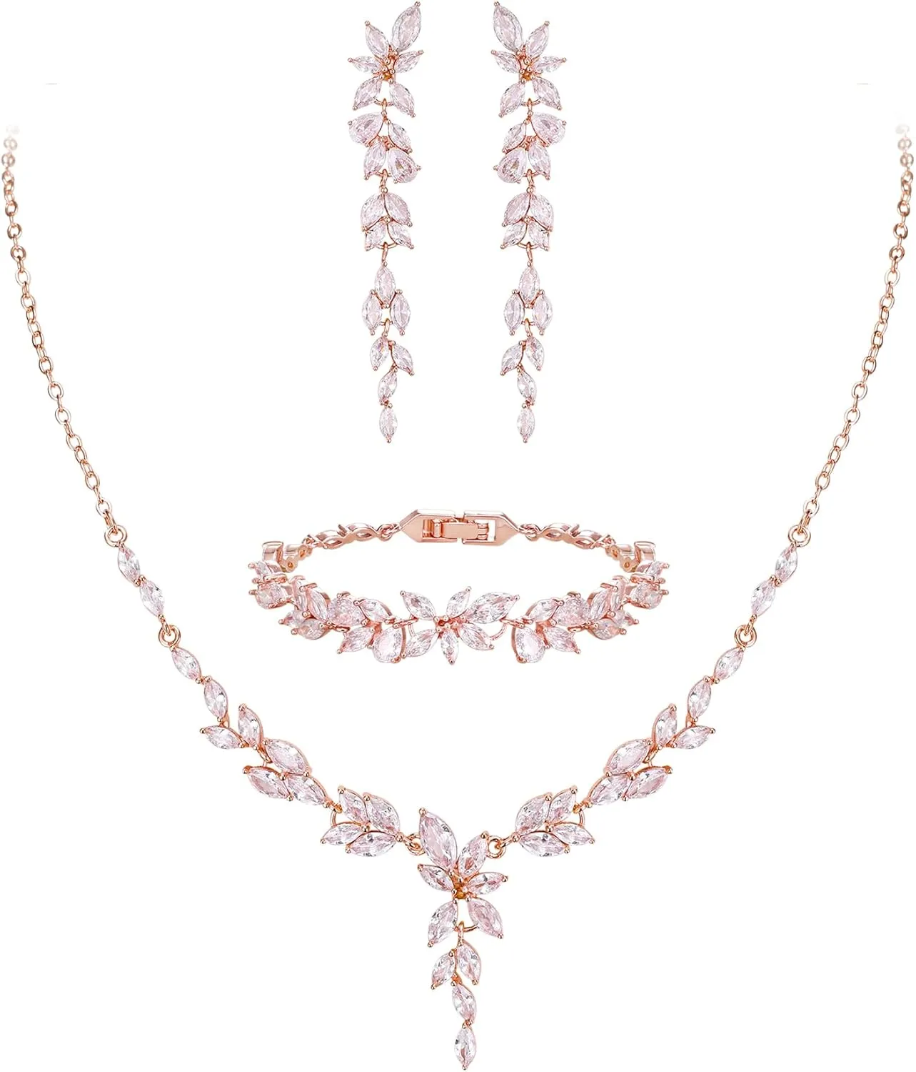 EVER FAITH Cubic Zirconia Bridal Jewelry Set for Bride Bridesmaid, Elegant Marquise Leaf Flower Wedding Prom Necklace Dangle Earrings Bracelet Sets for Women