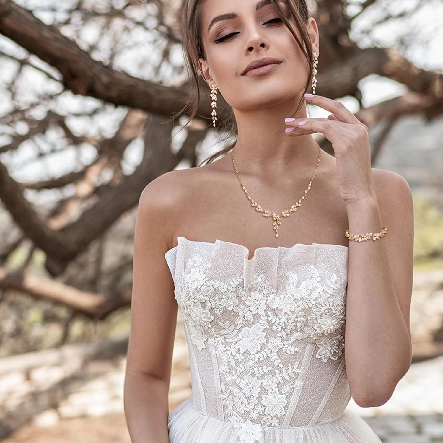 EVER FAITH Cubic Zirconia Bridal Jewelry Set for Bride Bridesmaid, Elegant Marquise Leaf Flower Wedding Prom Necklace Dangle Earrings Bracelet Sets for Women