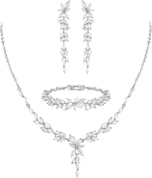 EVER FAITH Cubic Zirconia Bridal Jewelry Set for Bride Bridesmaid, Elegant Marquise Leaf Flower Wedding Prom Necklace Dangle Earrings Bracelet Sets for Women