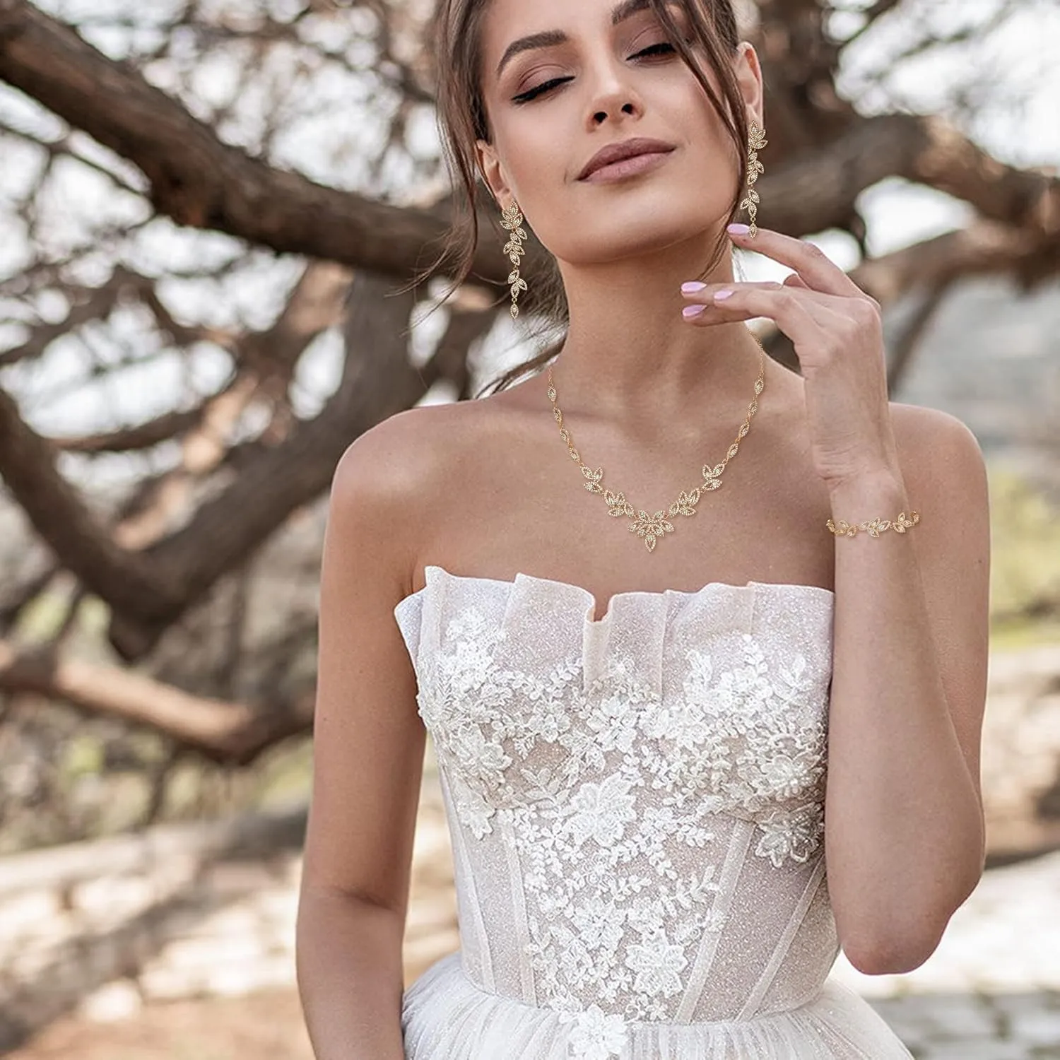EVER FAITH Cubic Zirconia Bridal Jewelry Set for Bride Bridesmaid, Elegant Marquise Leaf Necklace Dangle Earrings Bracelet Sets for Woman
