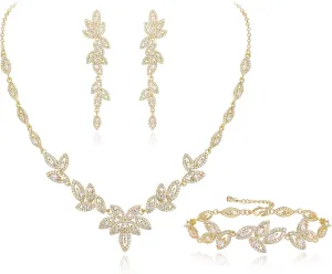 EVER FAITH Cubic Zirconia Bridal Jewelry Set for Bride Bridesmaid, Elegant Marquise Leaf Necklace Dangle Earrings Bracelet Sets for Woman