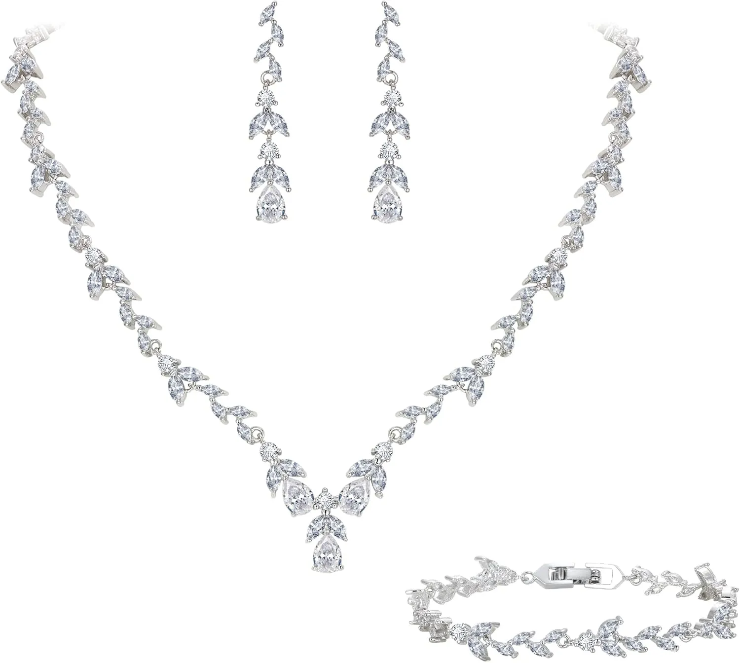 EVER FAITH Jewelry Set for Women Bride, Elegant Leaf Marquise Teardrop Cubic Zirconia Necklace Dangle Earrings Bracelet Sets for Wedding Banquet Party