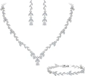 EVER FAITH Jewelry Set for Women Bride, Elegant Leaf Marquise Teardrop Cubic Zirconia Necklace Dangle Earrings Bracelet Sets for Wedding Banquet Party
