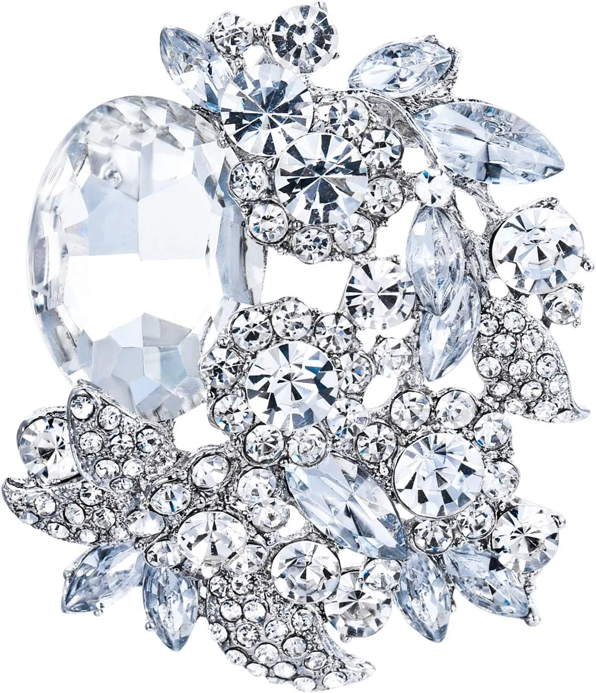 EVER FAITH Rhinestone Crystal Party Flower Leaf Vine Brooch