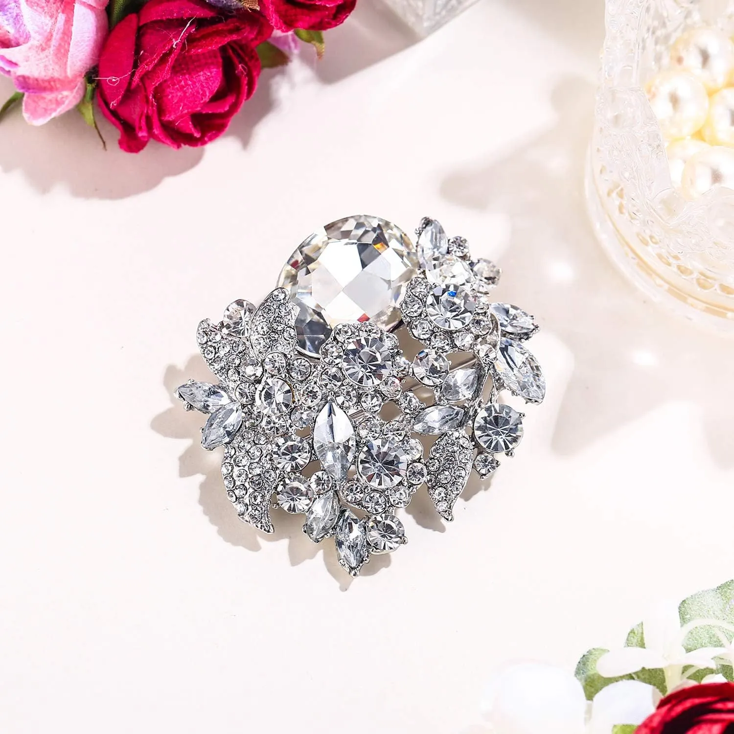 EVER FAITH Rhinestone Crystal Party Flower Leaf Vine Brooch