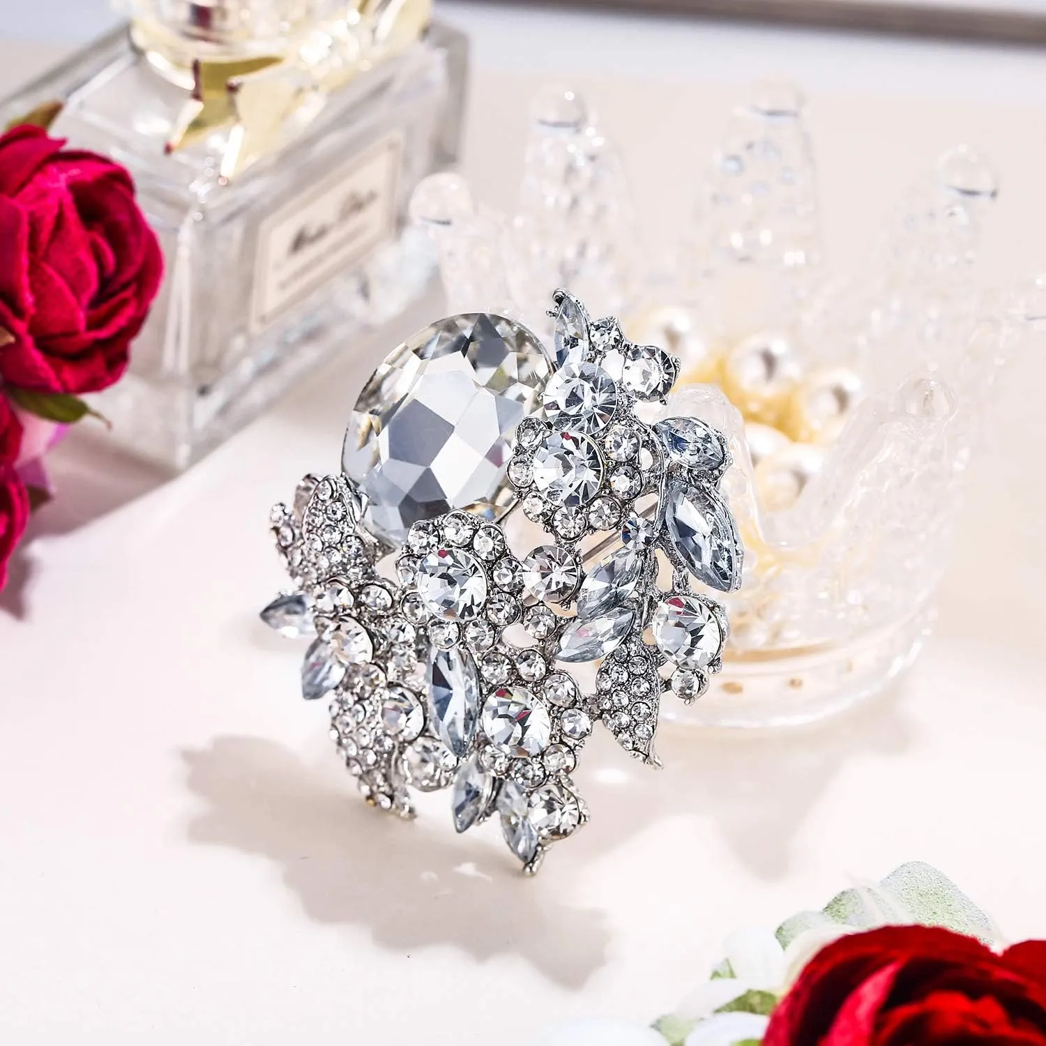 EVER FAITH Rhinestone Crystal Party Flower Leaf Vine Brooch