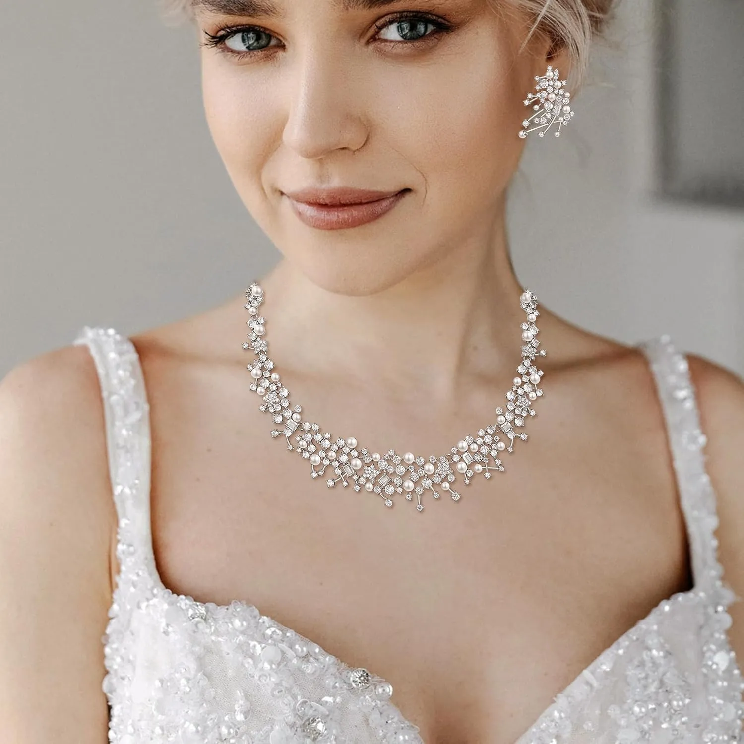 EVER FAITH Wedding Jewelry Set for Bride, Gorgeous Cubic Zirconia Faux Pearl Elegant Star Bridal Prom Necklace Earrings Sets for Women