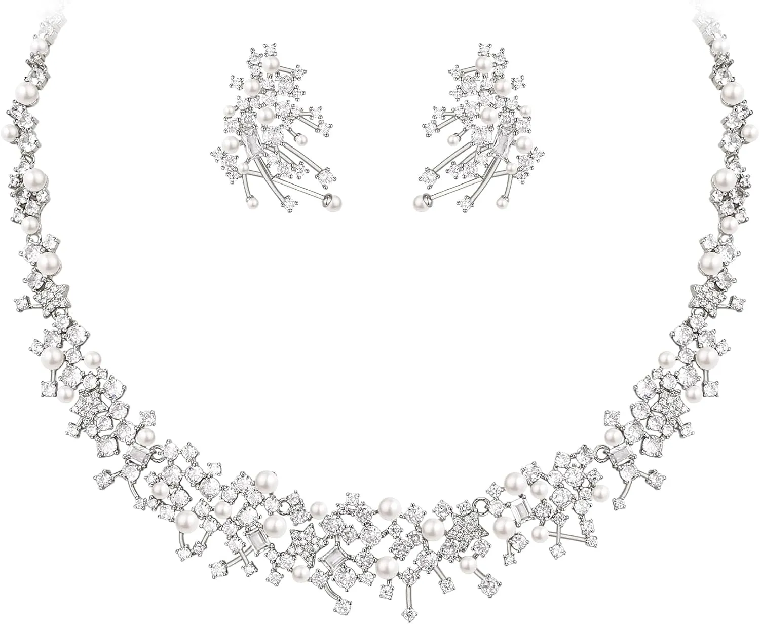 EVER FAITH Wedding Jewelry Set for Bride, Gorgeous Cubic Zirconia Faux Pearl Elegant Star Bridal Prom Necklace Earrings Sets for Women