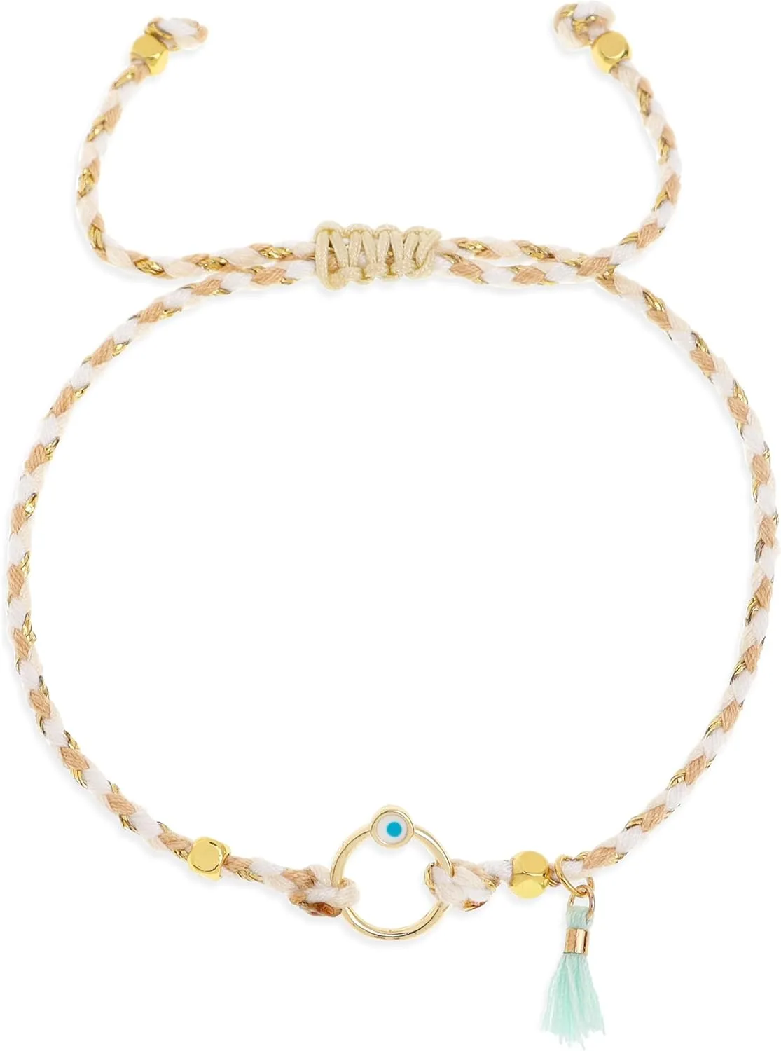 Evil Eye Gold Beaded Strand Bracelets for Women, Cute Handmade Adjustable String Lucky Protection Bracelet Friendship Holiday Jewelry Gift.