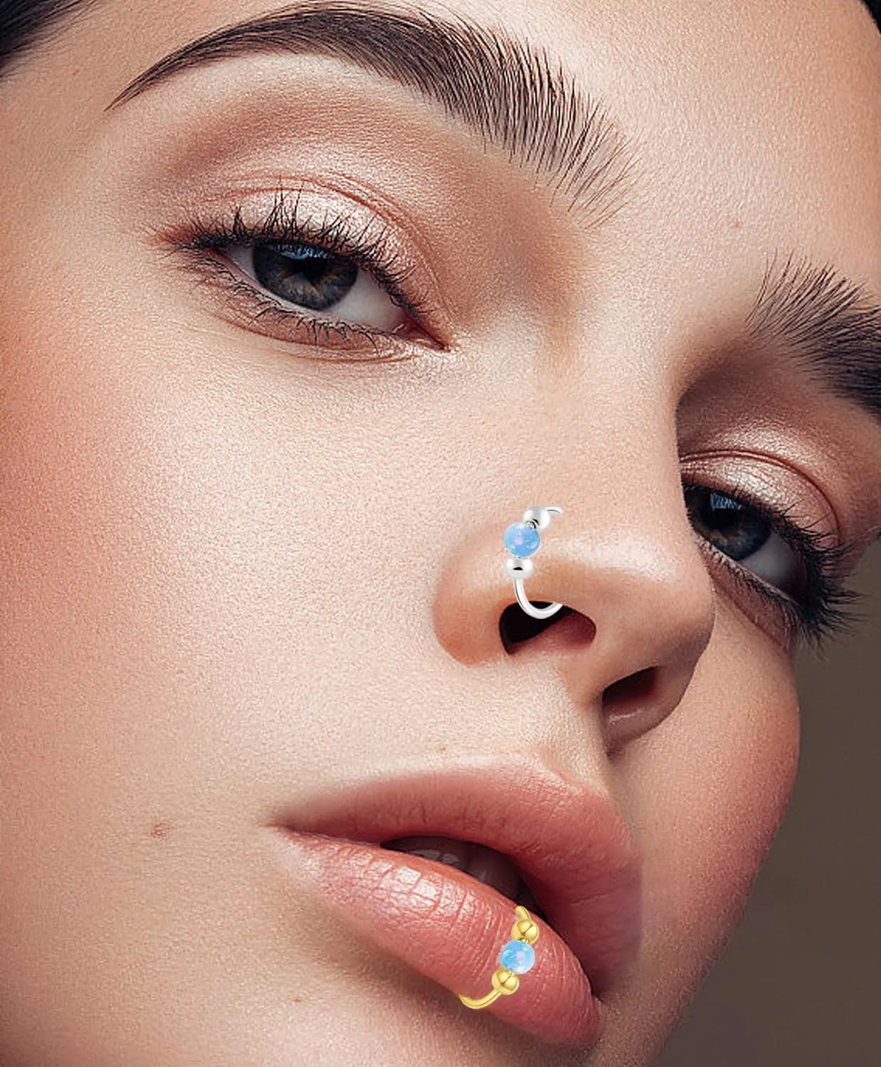 Fake Nose Ring Hoops Opal Fake Septum Nose Piercing Jewelry 20G Clip On Surgical Steel Faux Nose Rings for Women Men Non Pierce Lip Ear Cartilage Helix Rings No Piercing Body Jewelry