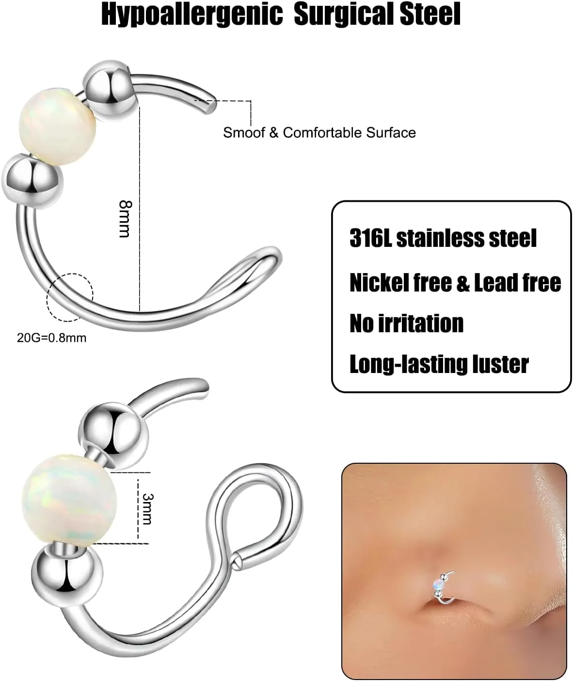 Fake Nose Ring Hoops Opal Fake Septum Nose Piercing Jewelry 20G Clip On Surgical Steel Faux Nose Rings for Women Men Non Pierce Lip Ear Cartilage Helix Rings No Piercing Body Jewelry