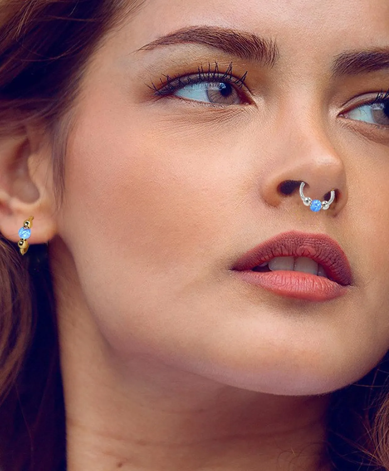 Fake Nose Ring Hoops Opal Fake Septum Nose Piercing Jewelry 20G Clip On Surgical Steel Faux Nose Rings for Women Men Non Pierce Lip Ear Cartilage Helix Rings No Piercing Body Jewelry