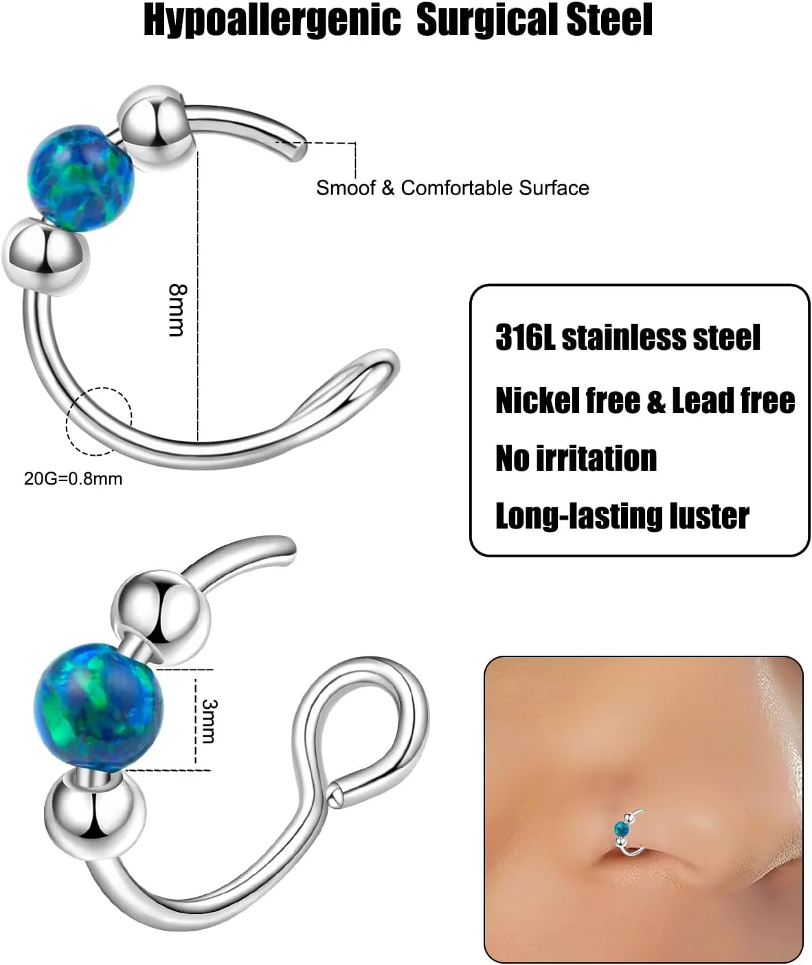 Fake Nose Ring Hoops Opal Fake Septum Nose Piercing Jewelry 20G Clip On Surgical Steel Faux Nose Rings for Women Men Non Pierce Lip Ear Cartilage Helix Rings No Piercing Body Jewelry