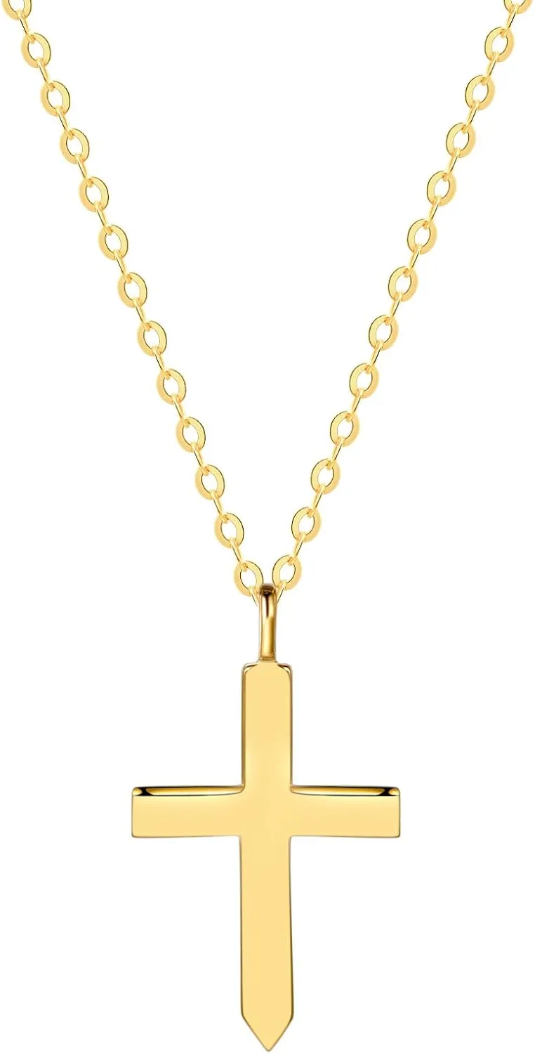 FANCIME 14k Solid Real Gold Plain Small Mini Simple Crucifix Dainty Delicate Cross Pendant Necklace Everyday Wear Fine Jewelry Anniversary Christmas Holiday Gifts for Women, 16" 2" Extender