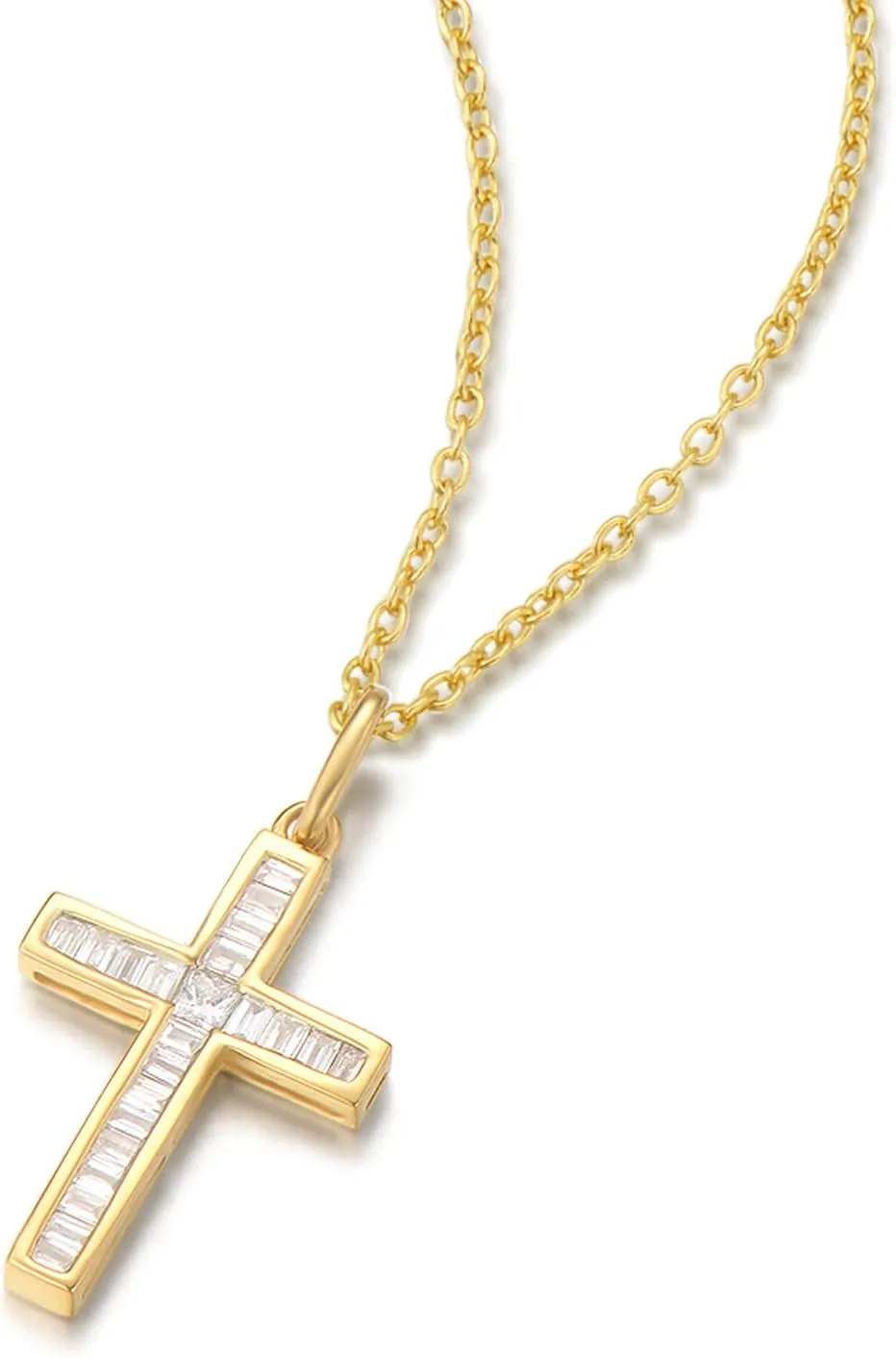 FANCIME 18K Solid Real Gold Channel Setting Diamond 0.18CTTW Small Dainty Delicate Cross Crucifix Pendant Necklace Everyday Fine Jewelry Christmas Gifts for Women Mom, 16" 2" Extender