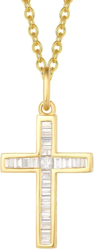 FANCIME 18K Solid Real Gold Channel Setting Diamond 0.18CTTW Small Dainty Delicate Cross Crucifix Pendant Necklace Everyday Fine Jewelry Christmas Gifts for Women Mom, 16" 2" Extender