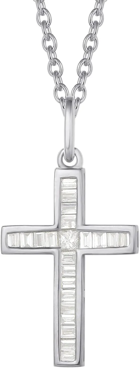 FANCIME 18K Solid Real Gold Channel Setting Diamond 0.18CTTW Small Dainty Delicate Cross Crucifix Pendant Necklace Everyday Fine Jewelry Christmas Gifts for Women Mom, 16" 2" Extender