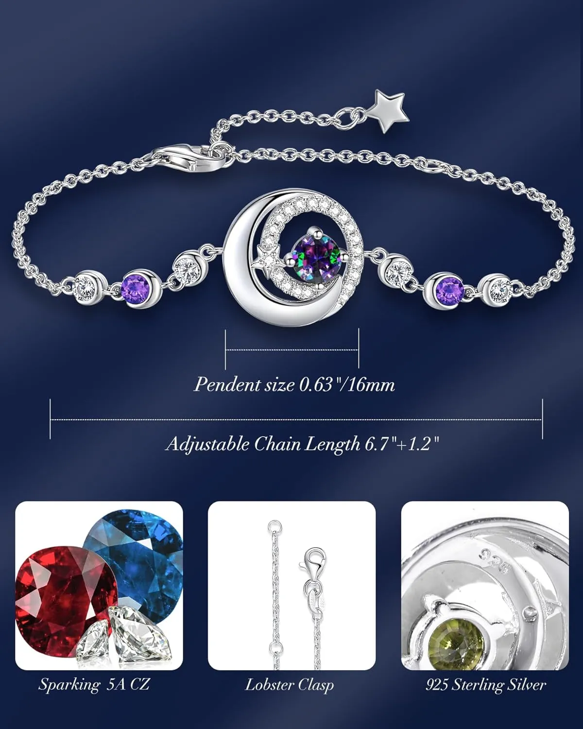 FANCIME Birthstone Bracelets 925 Sterling Silver Moon and Star Bangle Charm Bracelet Fine Jewelry Birthday Anniversary Christmas Day Gift for Her Women, Adjustable Chain 6.7" 1.2" Extend