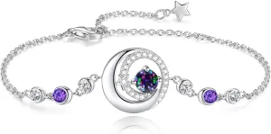 FANCIME Birthstone Bracelets 925 Sterling Silver Moon and Star Bangle Charm Bracelet Fine Jewelry Birthday Anniversary Christmas Day Gift for Her Women, Adjustable Chain 6.7" 1.2" Extend